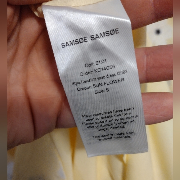 SAMSOE Mini Floral Printed Wrap Dress Yellow Small With Sash Tie V-Neck - Picture 6 of 9